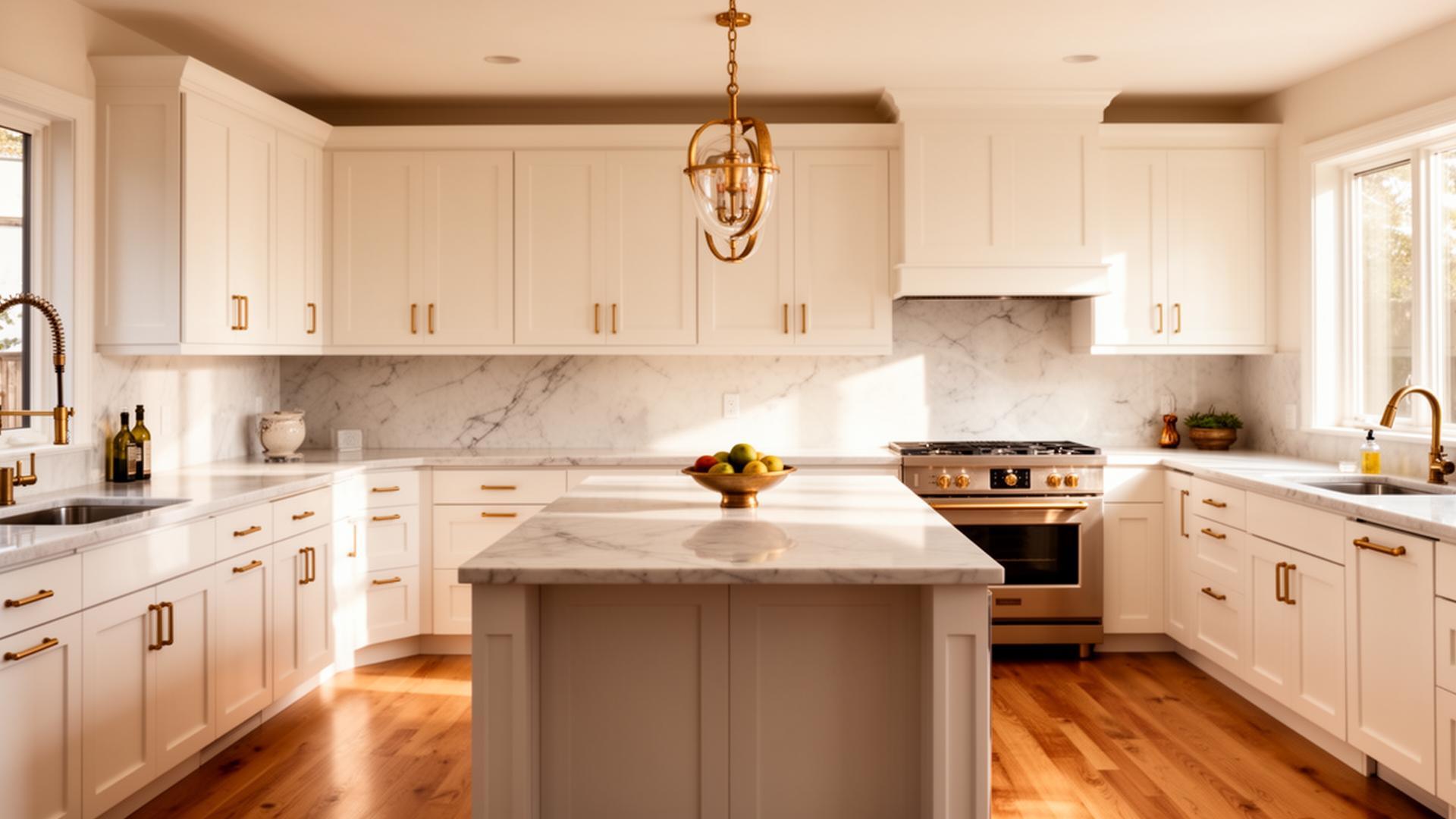 Custom kitchen with shaker cabinets and brass hardware built by Kando Pro in Sacramento